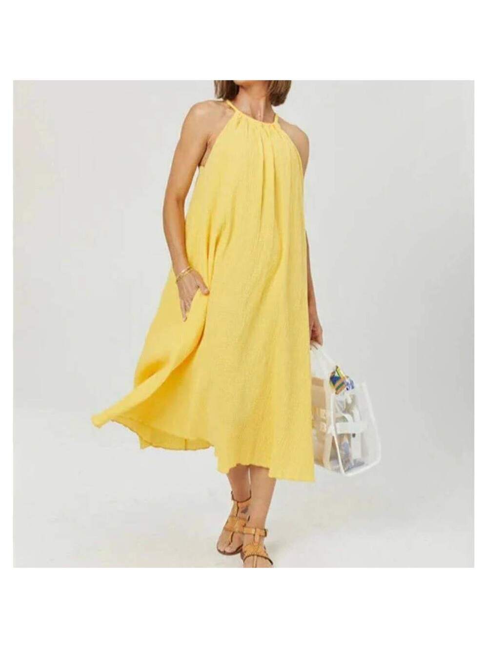 SheBird Yellow Sofia Gauzy Halter Maxi Dress with Built-In Bra Size 6 L
